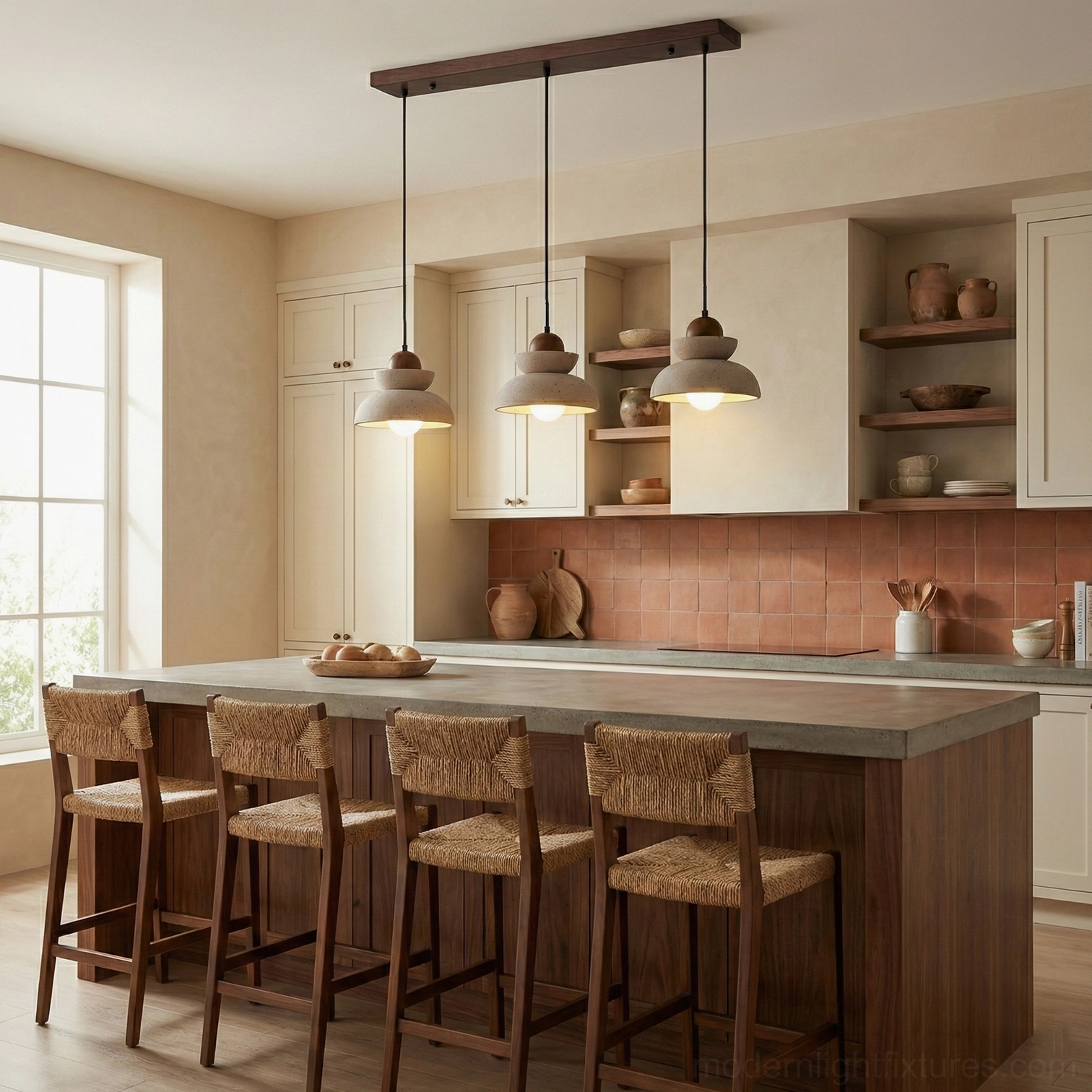 Modern triple pendant lamp above kitchen island counter contemporary interior design