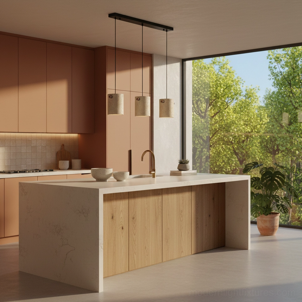 Travertine pendant lights installed in warm kitchen with natural lighting, wooden cabinets and greenery accents
