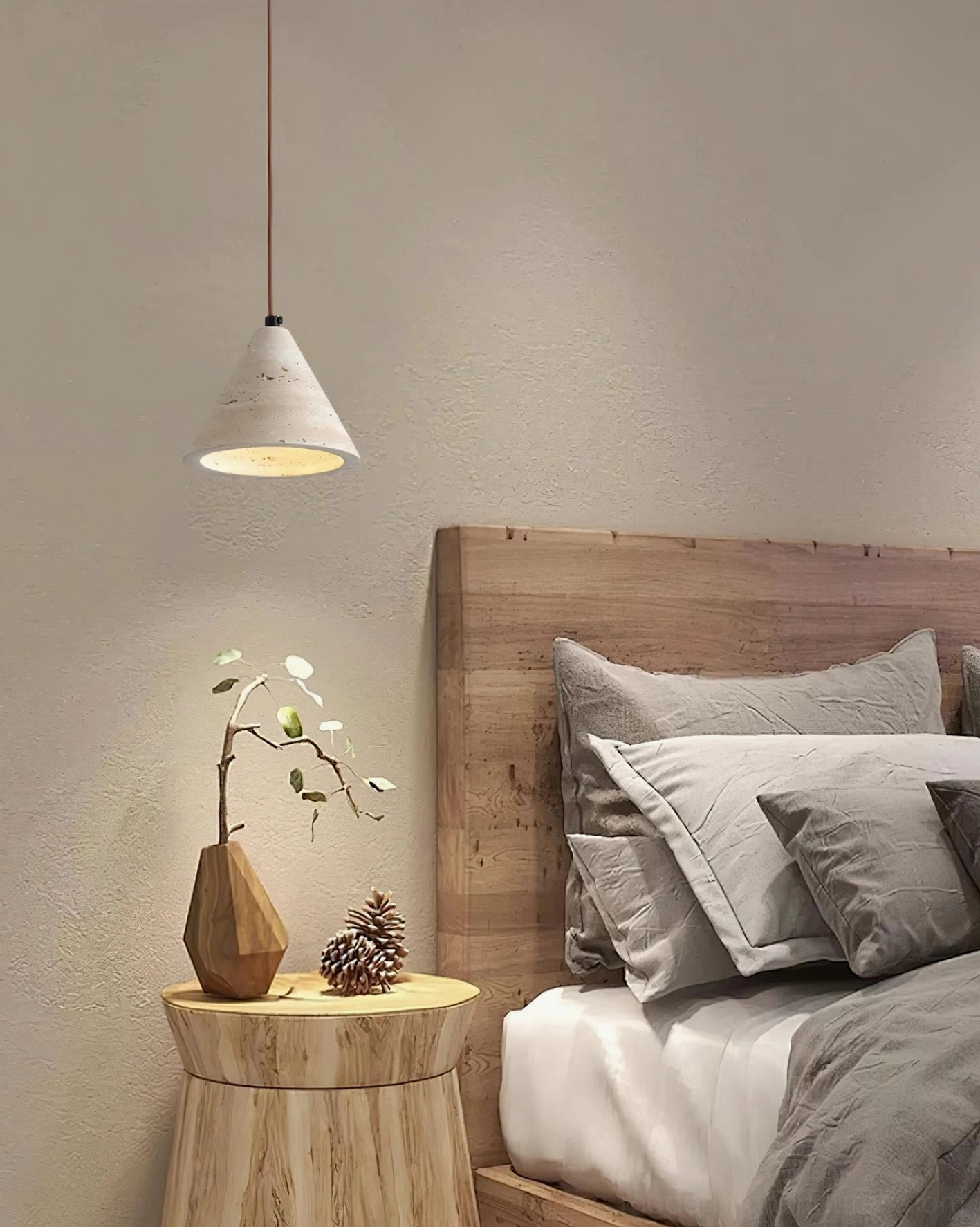 Travertine conical pendant lamp with adjustable suspension cord in walnut wood and stone finish combination