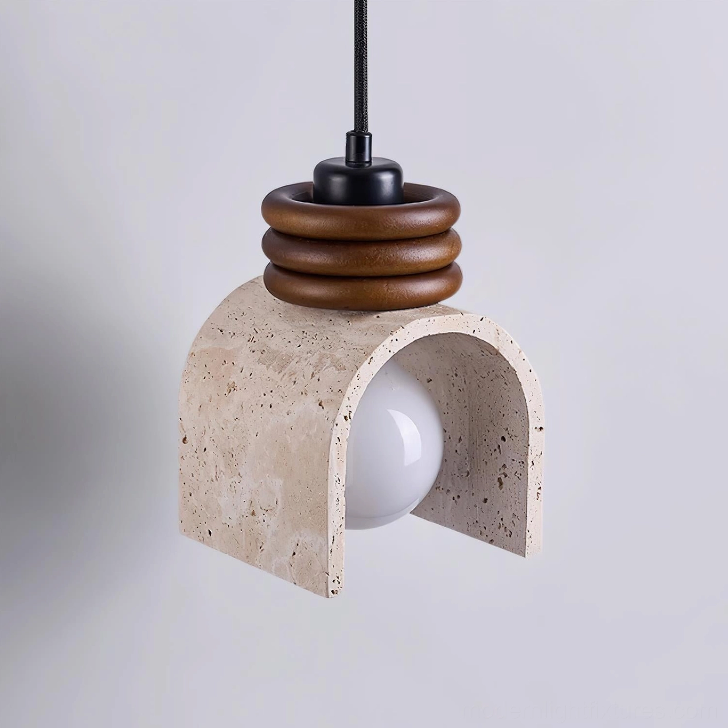 Premium travertine stone pendant lamp with multi-layer wood hardware detail, emphasizing artisanal craftsmanship and natural material elegance for design-forward homes