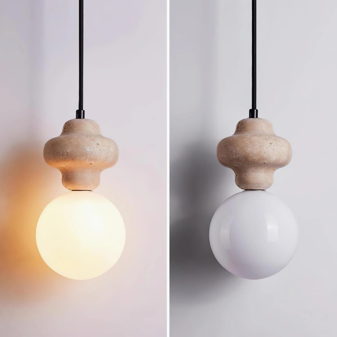 Cenari travertine pendant light artistic composition showing organic stone shapes with soft diffused glass globe illumination