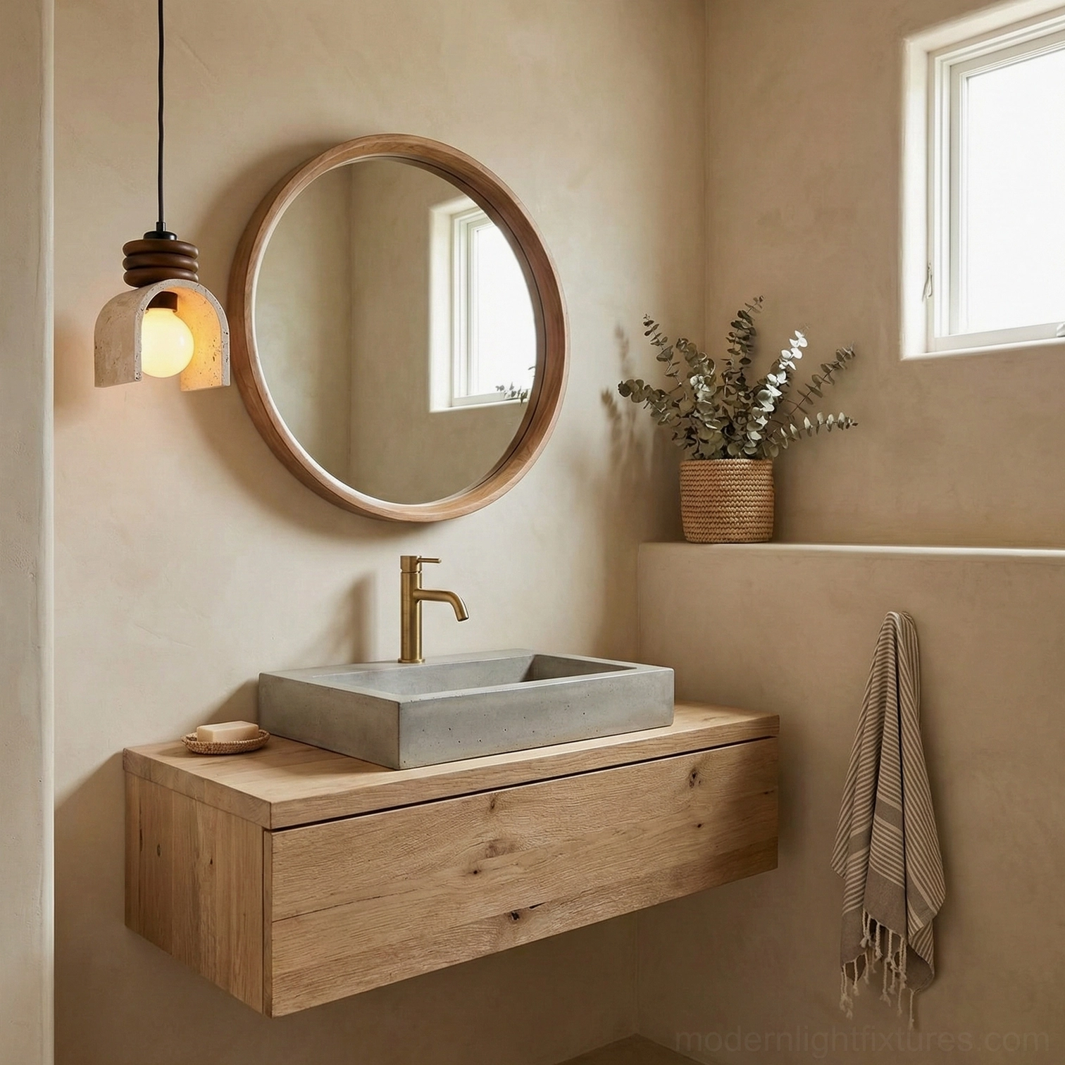 Single travertine stone pendant light installed above modern rustic bathroom vanity with wall-mounted sink, soft warm accent lighting for spa-like ambiance