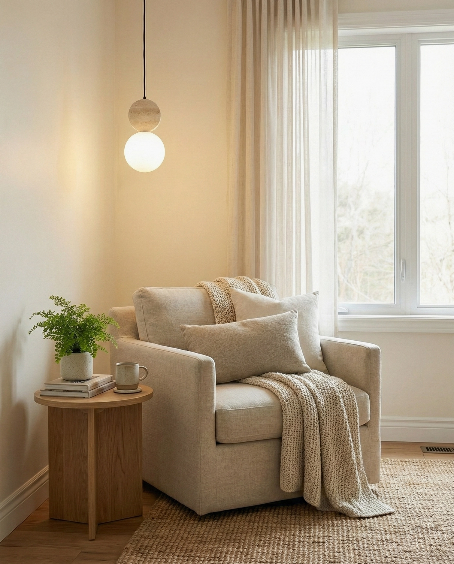 Cenari travertine pendant lights in contemporary bedroom setting creating soft ambient lighting with natural stone aesthetic