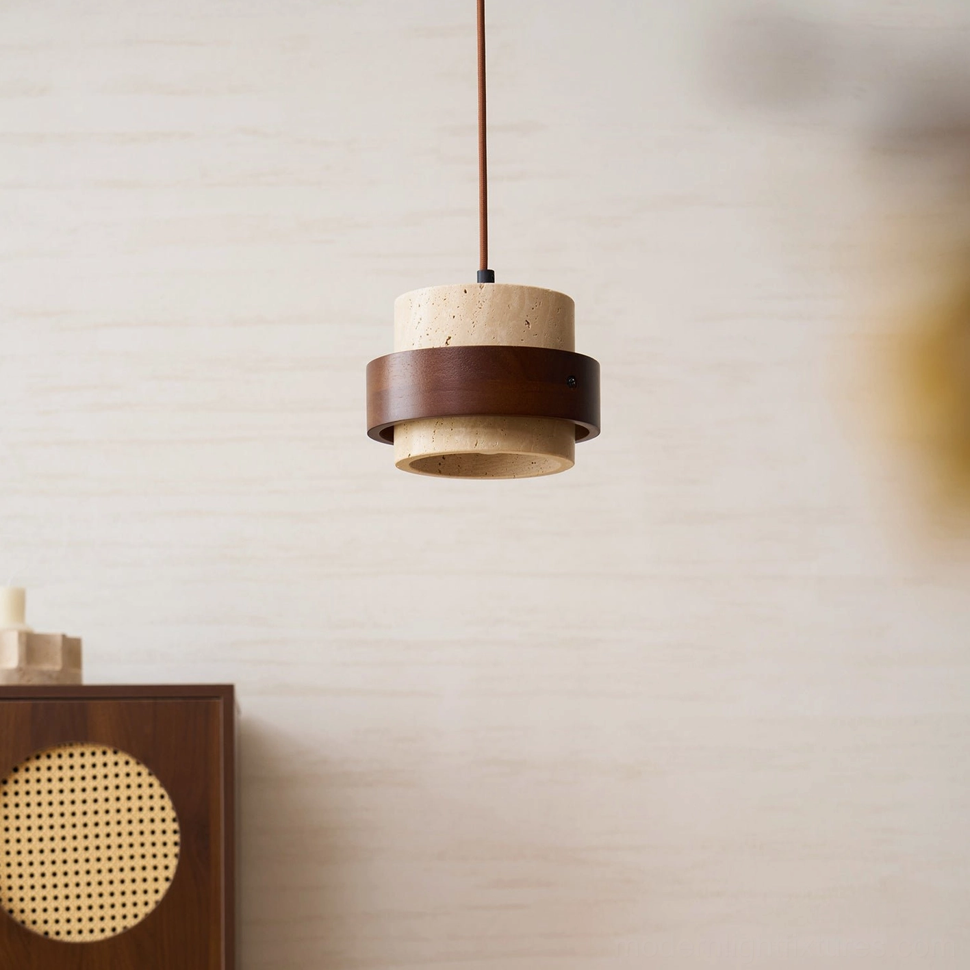 Beige travertine stone pendant lamp with walnut wood frame, full product profile view showing cylindrical shade proportions