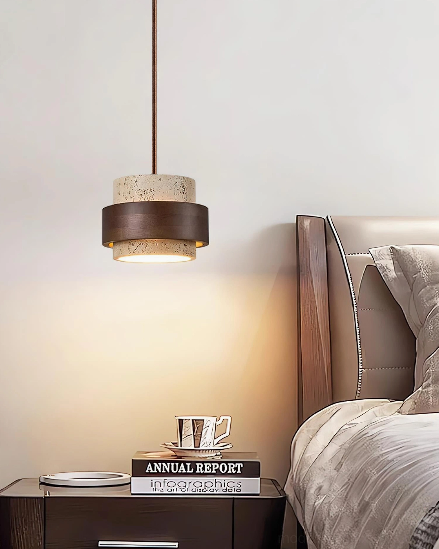 Travertine pendant lamp with beige yellow stone and walnut wood band, warm color tone palette showcase