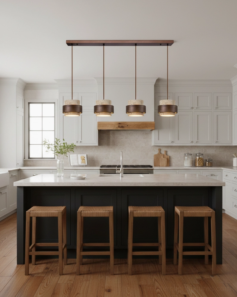 Natural stone travertine pendant lamp ceiling mounted, showing installation hardware and hanging cord setup