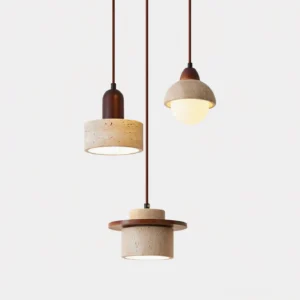 Complete Trovina travertine pendant light collection showing all three distinct shade styles in warm beige finish with dark wood hardware