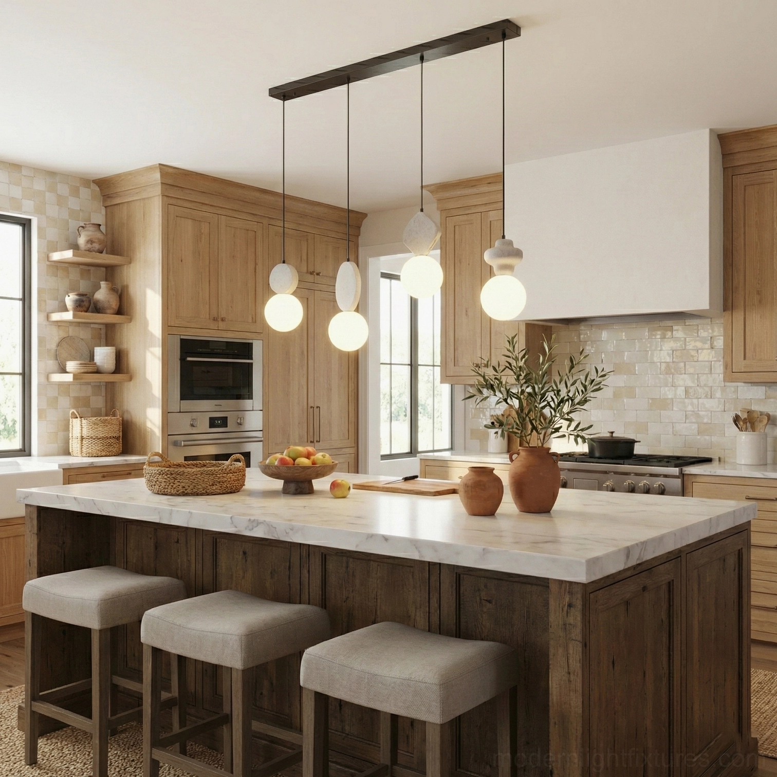 Cenari sculptural pendant lights collection showing beige and white travertine stone variations with frosted glass shades