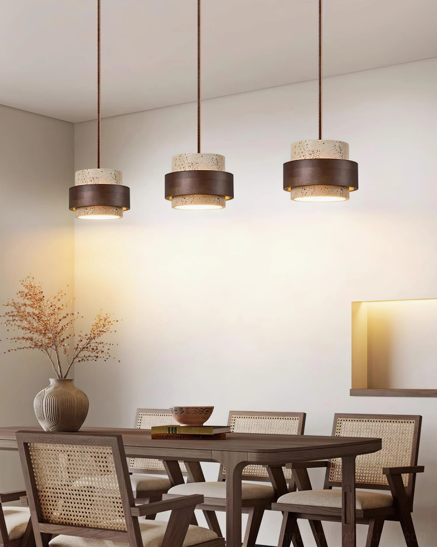 Natural stone travertine pendant lamp construction detail, walnut wood band assembly with stone shade connection