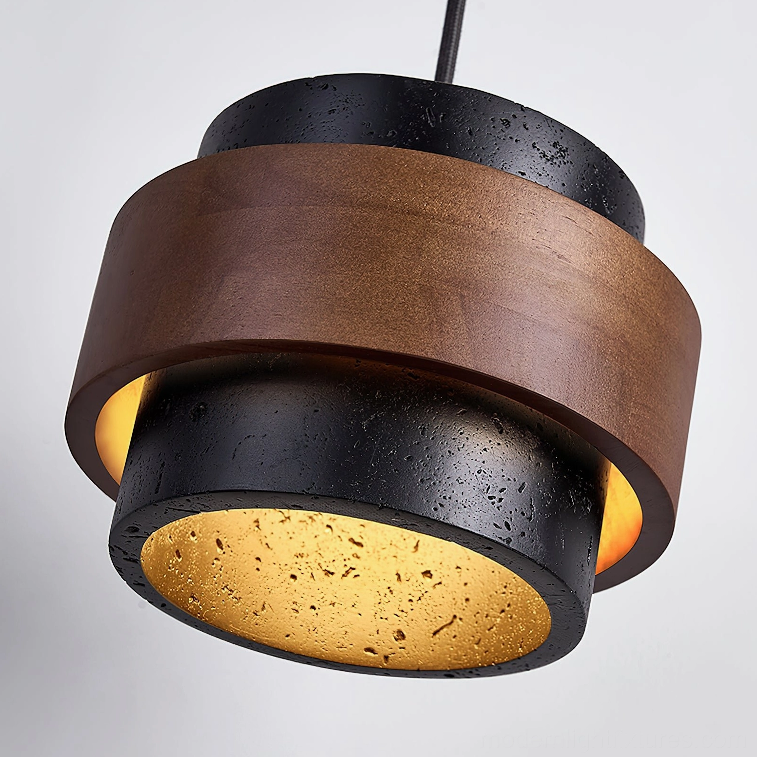 Travertine pendant lamp light cord and mounting detail, showing adjustable hanging hardware and connector