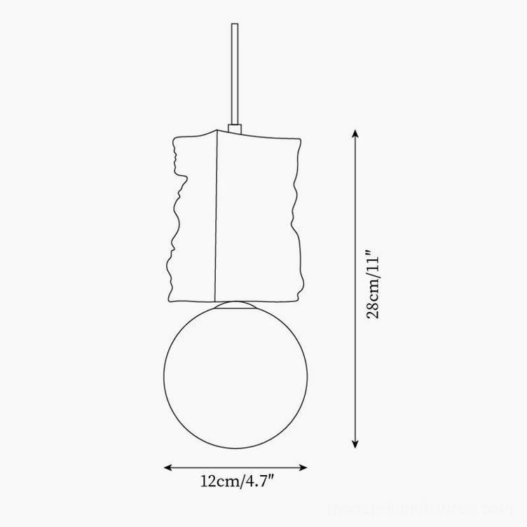Technical specification diagram showing travertine pendant lamp dimensions and measurements in centimeters and inches