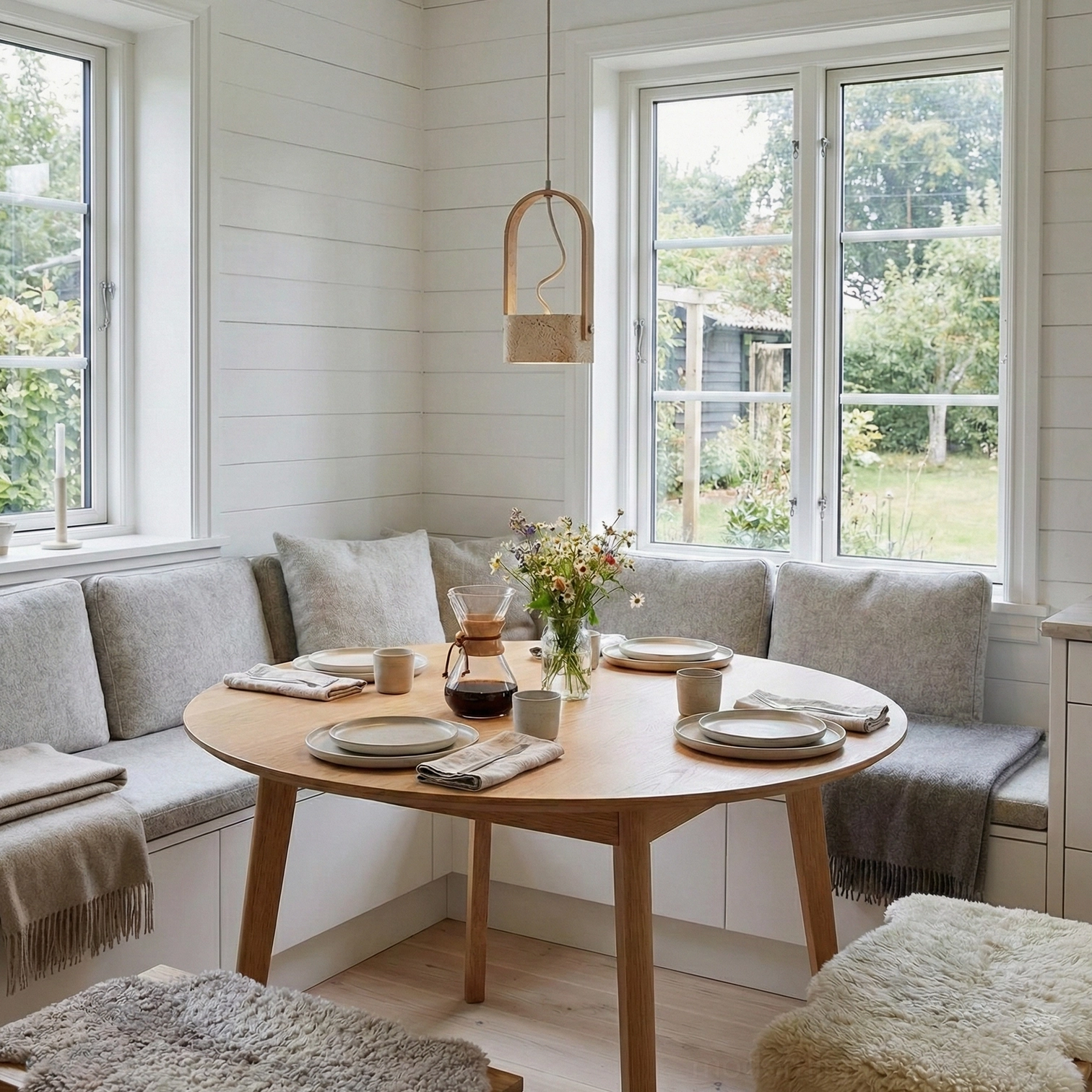 Travertine pendant lamp dining nook warm minimalist natural breakfast area lighting