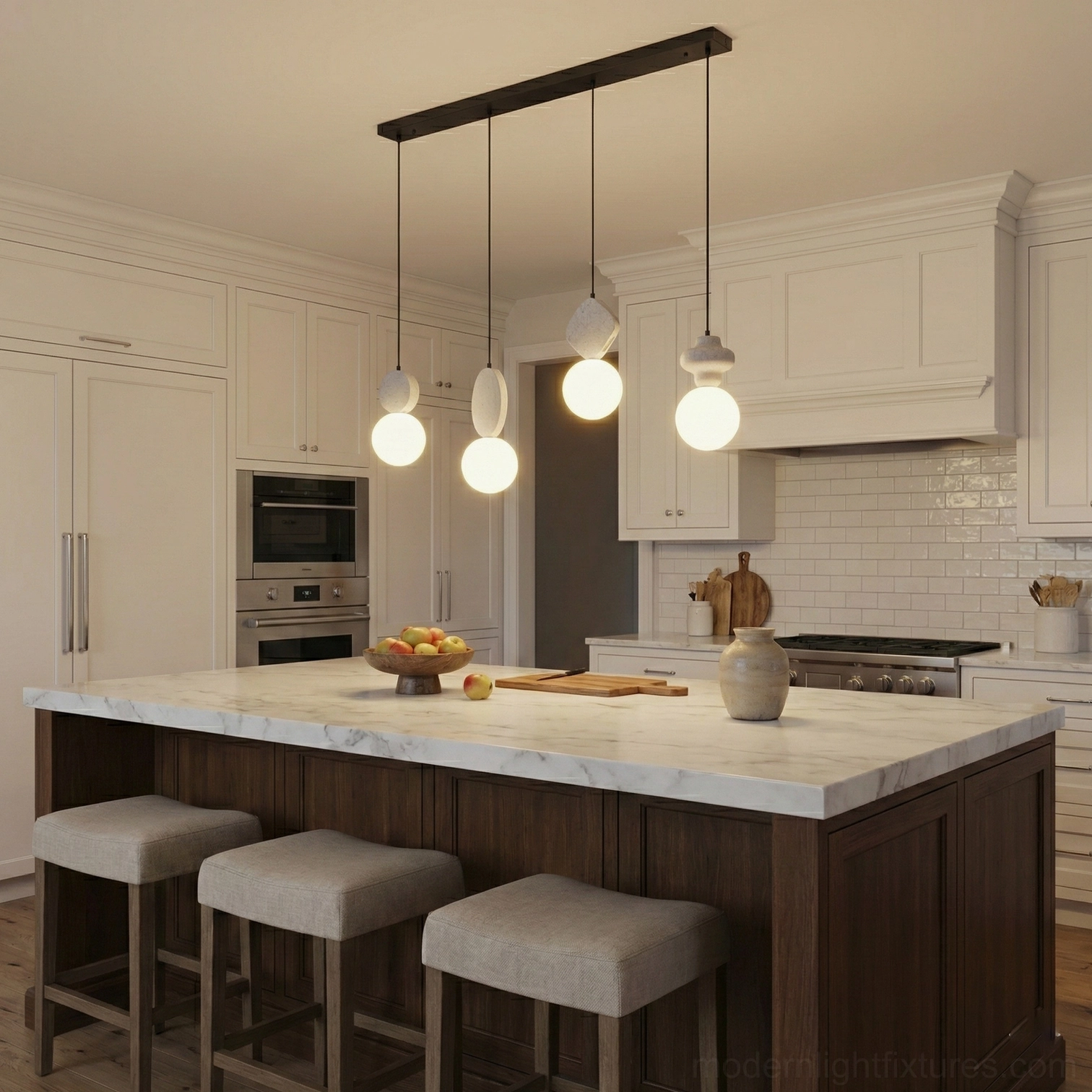 Cenari pendant light collection detail showing diverse travertine stone silhouettes paired with frosted glass diffusers