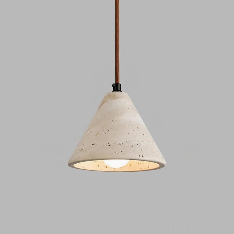 Modern stone pendant lamp front view with beige travertine shade and brown suspension cord on neutral backdrop