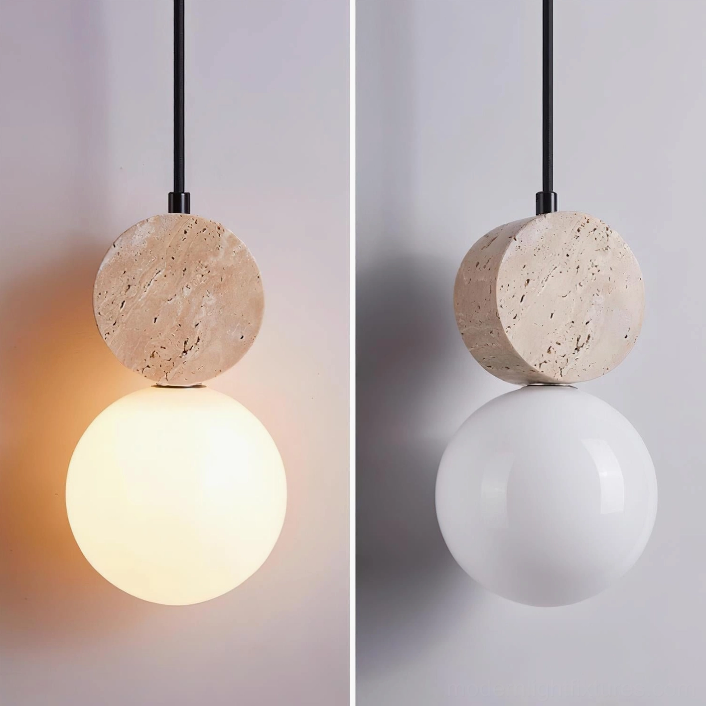 Cenari pendant light interior design inspiration showing travertine stone lamps in contemporary minimalist home setting
