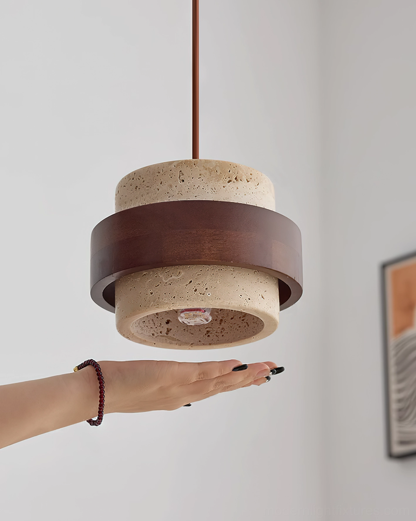Single travertine pendant lamp installed in minimalist modern bedroom, intimate bedside lighting application