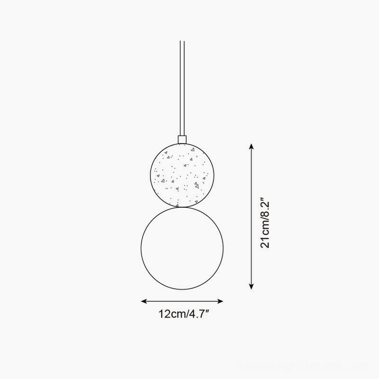 Cenari pendant light technical specification Model B with circular speckled travertine stone base and frosted glass globe