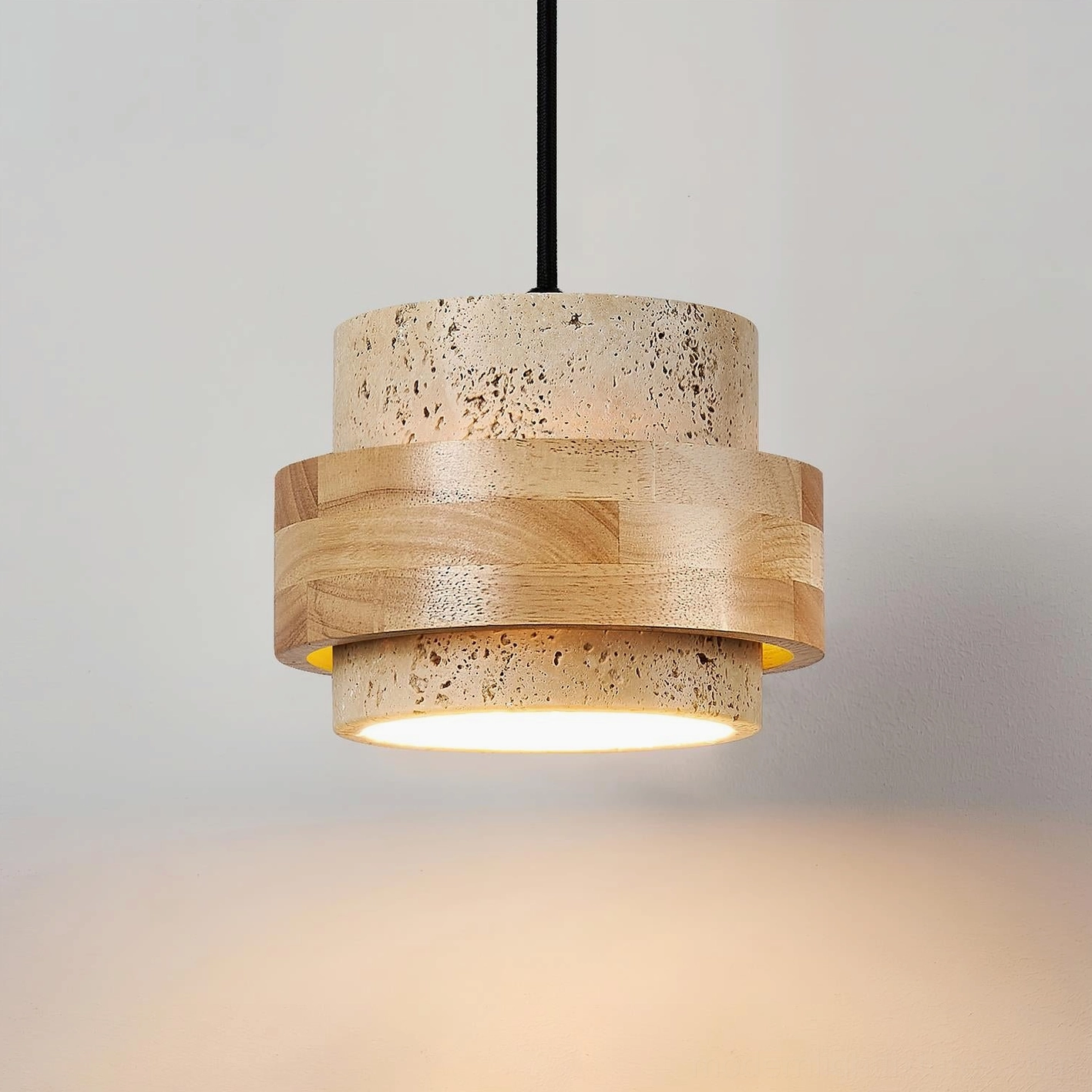 Travertine pendant lamp multi-configuration display, showing range from single to four-head arrangements