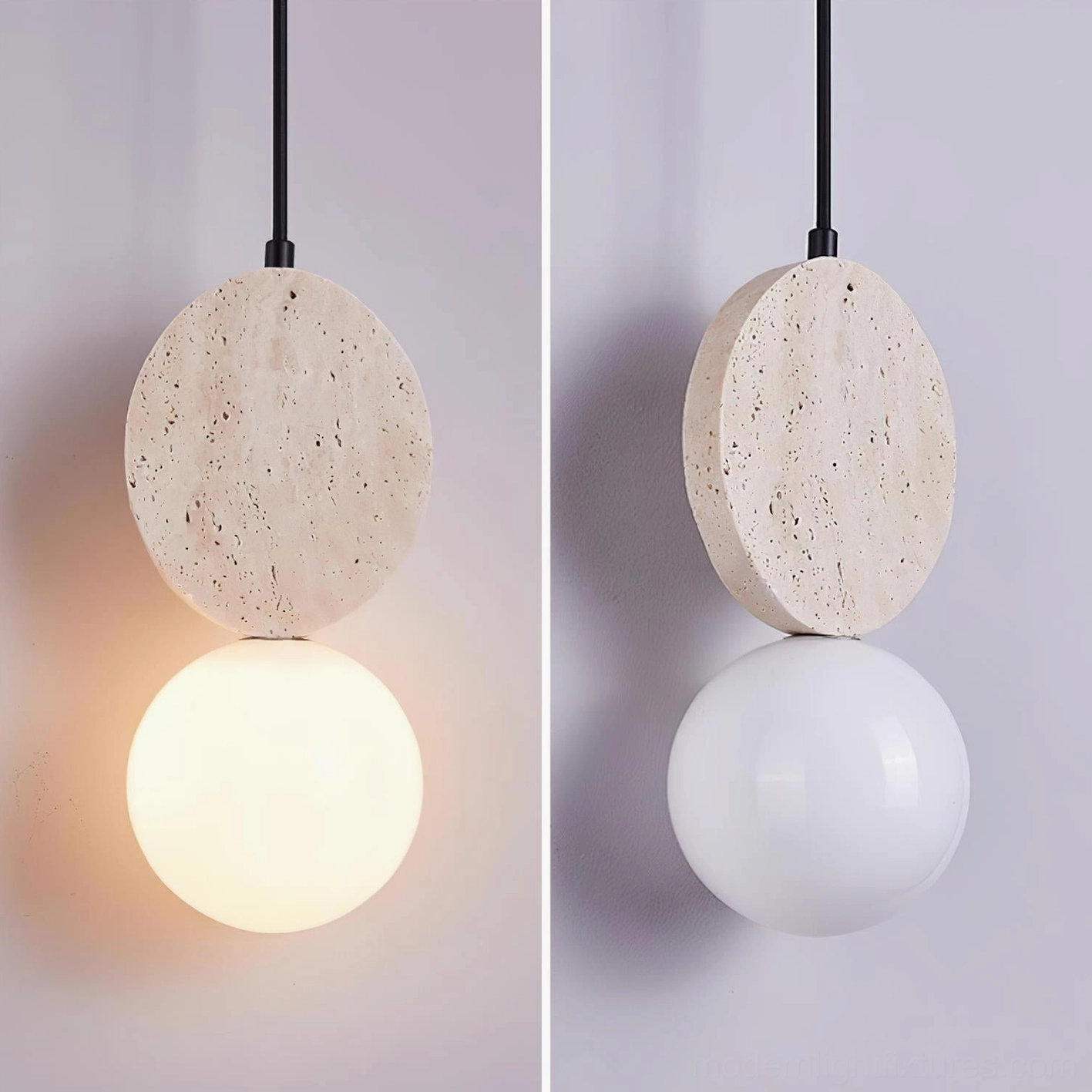 Cenari modern pendant lamp showing travertine porous stone texture characteristic of natural material beauty and authenticity