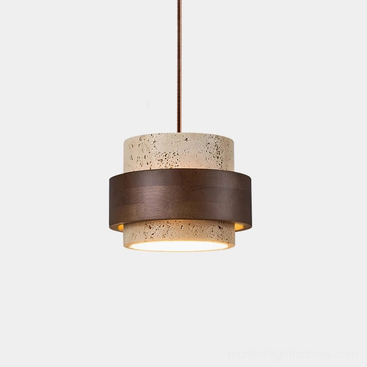 Natural stone travertine pendant lamp with walnut wood band, frontal view on white backdrop, showing cylindrical beige stone shade with unique veining
