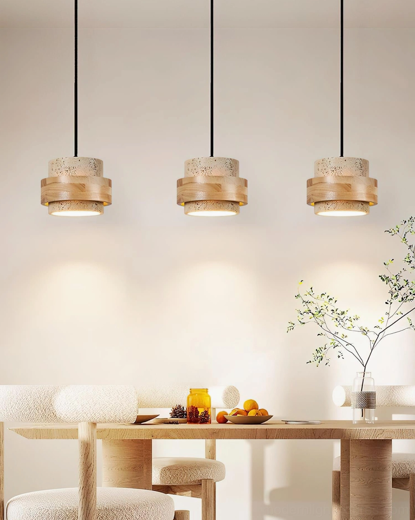 Natural stone travertine pendant lamp suspended in reading corner, intimate cozy lighting setup