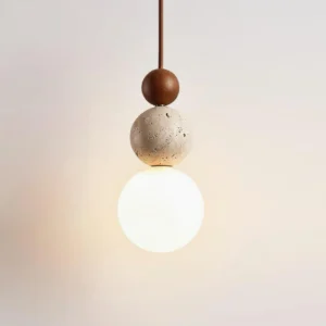 Single tiered travertine stone pendant lamp close-up front view with walnut wood accent
