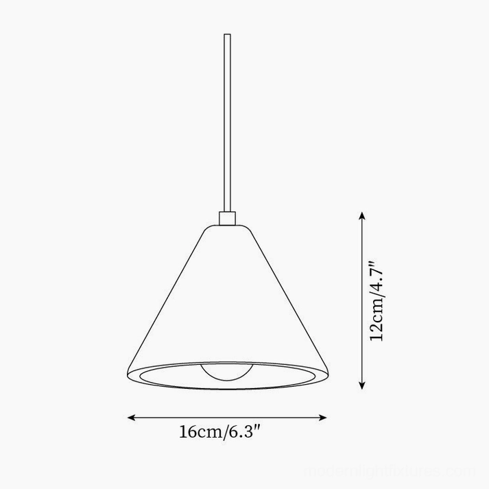 Technical specification diagram of travertine conical pendant lamp with dimension measurements 16cm diameter by 12cm height