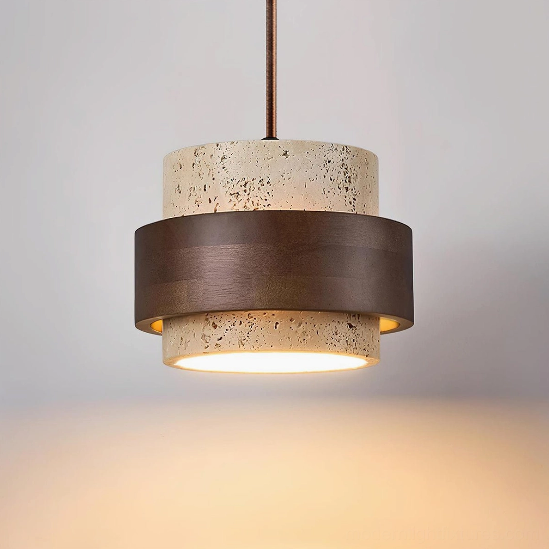 Travertine pendant lamp three-head linear arrangement, extended dining table overhead lighting installation