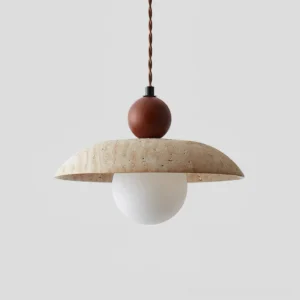 Modern travertine pendant lamp three-quarter angle view highlighting textured stone shade and frosted G9 bulb