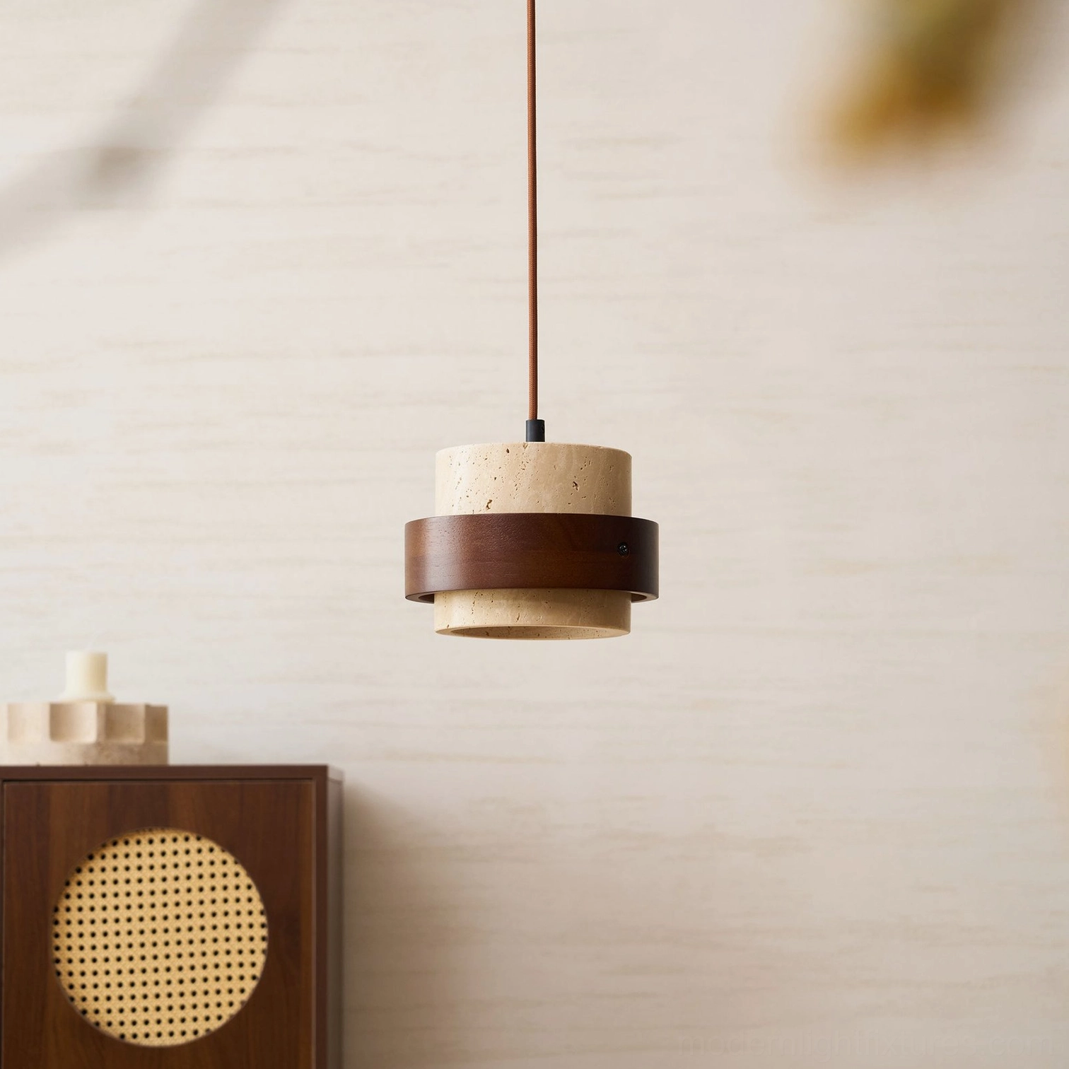 Travertine pendant light shade underside view, showing stone surface variation and mounting hardware connection