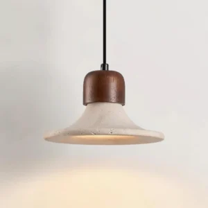 Modern travertine pendant lamp with warm downlight, minimalist wabi-sabi style lighting, subtle texture and natural pores visible