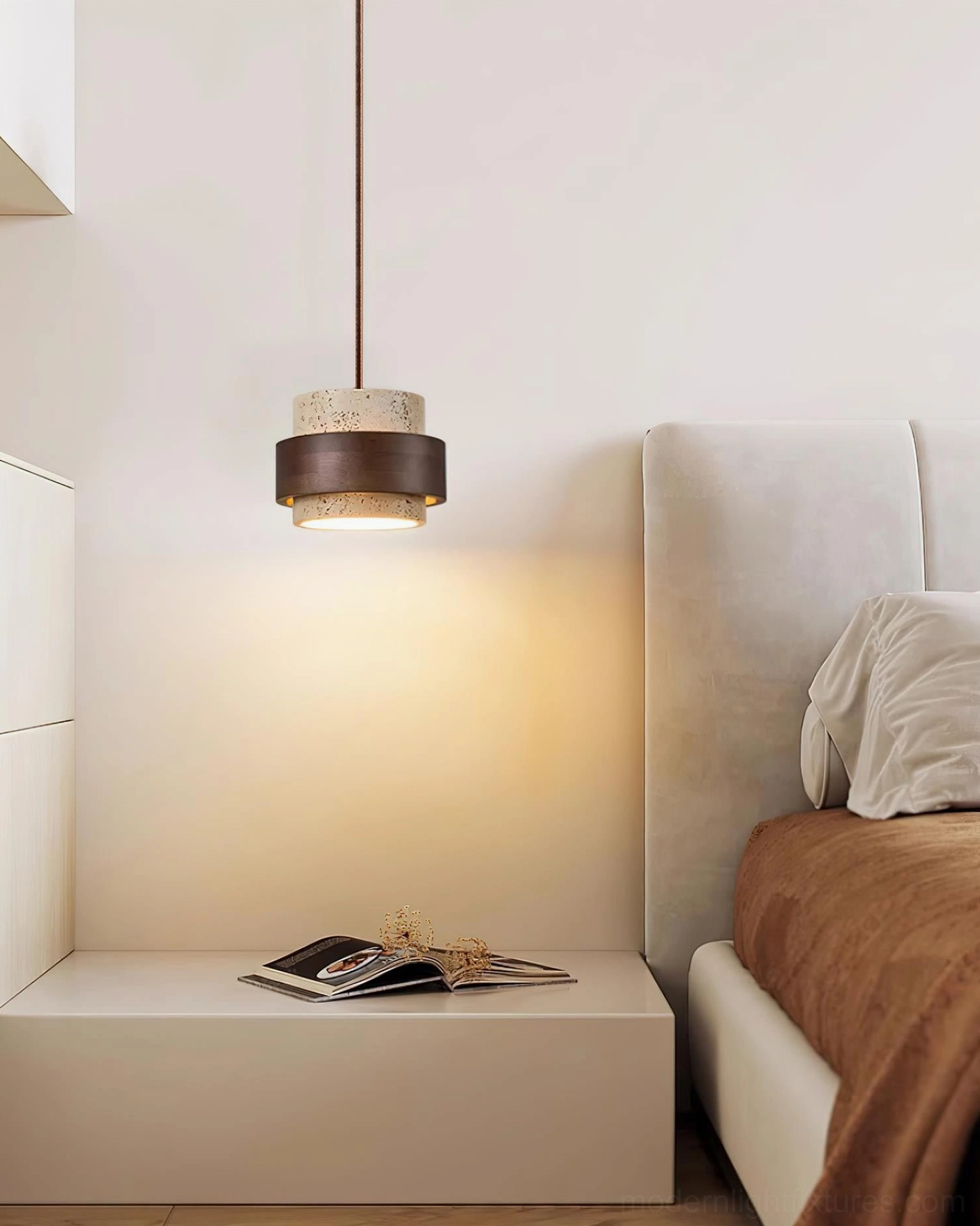 Travertine pendant lamp with yellow stone shade and walnut wood band, detailed surface texture close-up photography