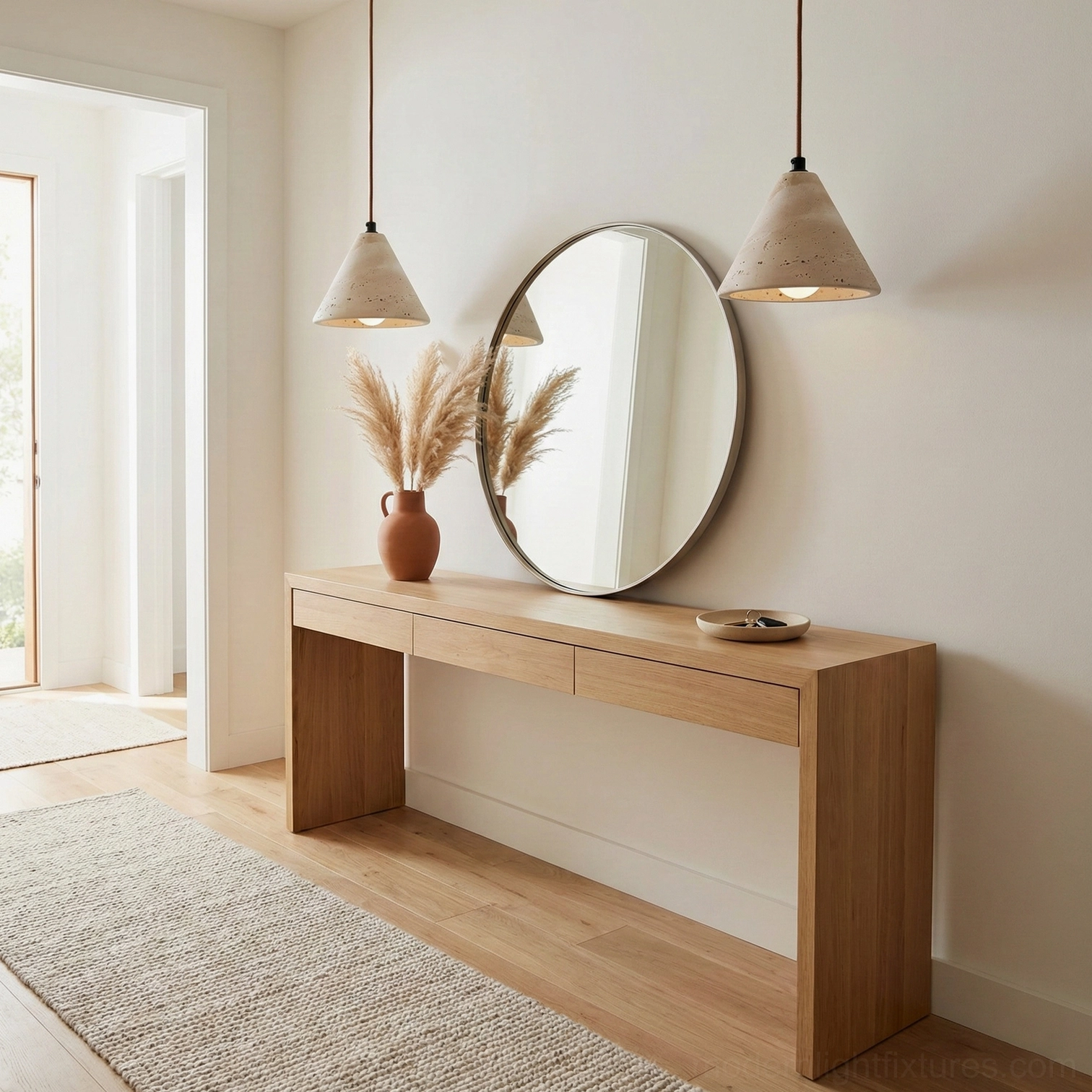 Pair of travertine stone pendant lights flanking round wall mirror in modern home entryway with wooden console table