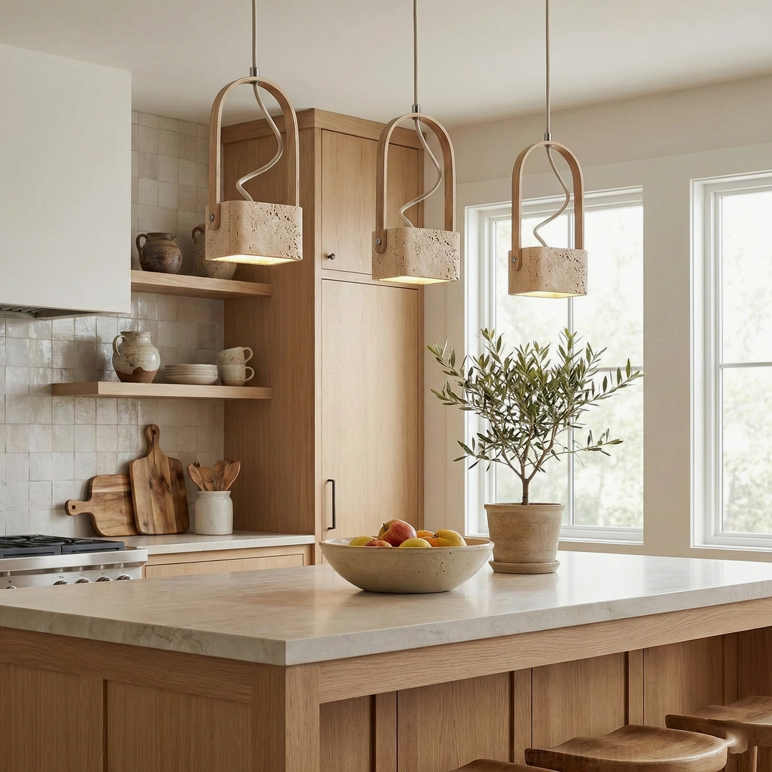 Three travertine pendant lamps kitchen counter workspace pendant lighting installation