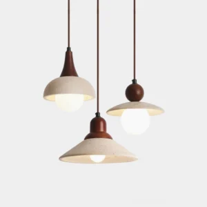 Modern travertine pendant light 3-head cluster set with warm globe bulbs and walnut wood hardware front view
