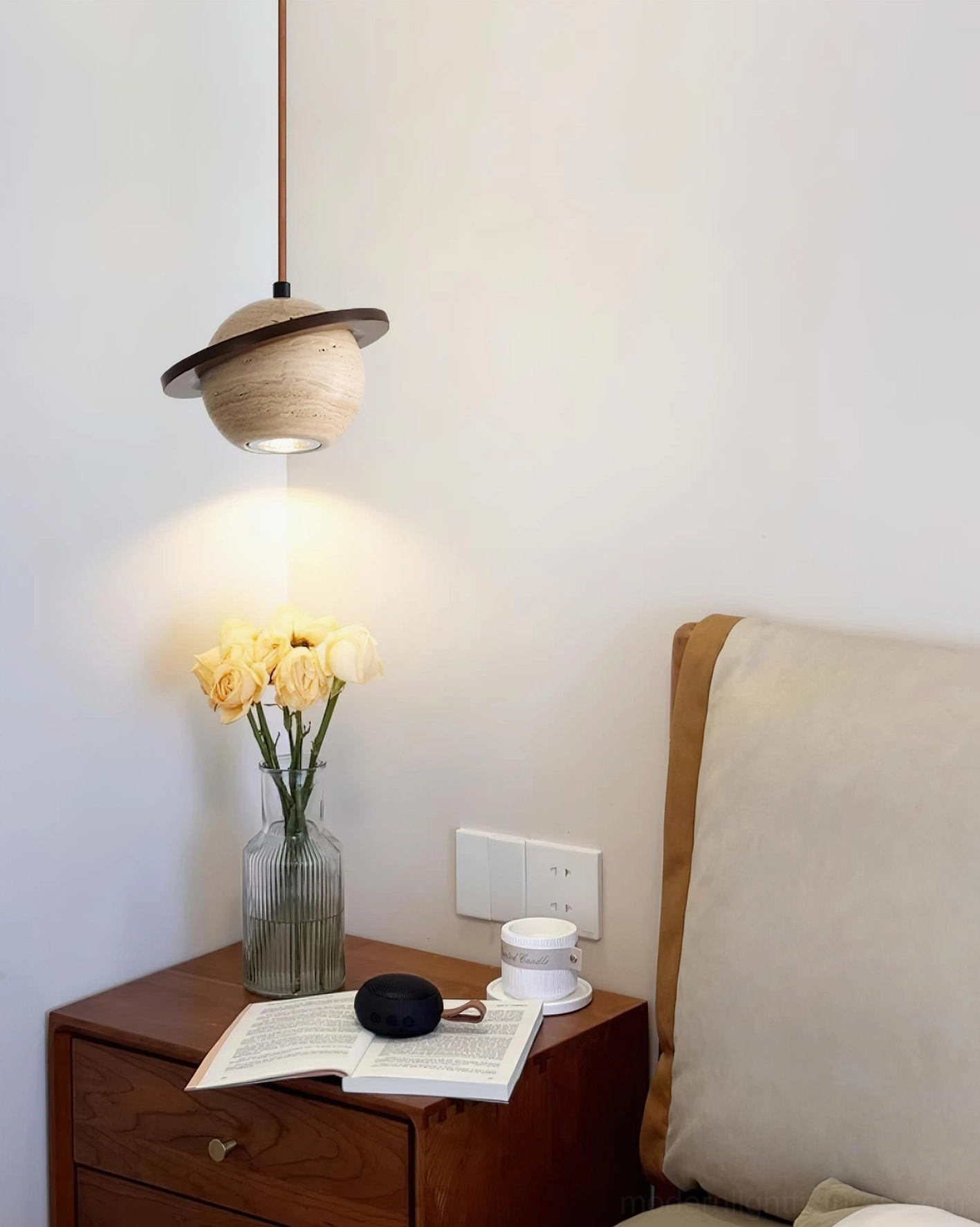 Installation-ready travertine sphere pendant light with adjustable 150cm wire, customizable hanging height for any ceiling