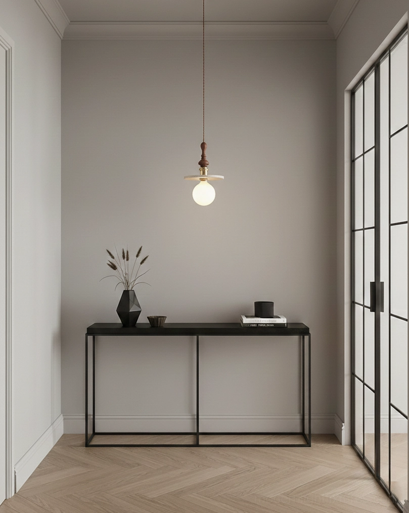 Travertine pendant light wire adjustment and cord length customization detail