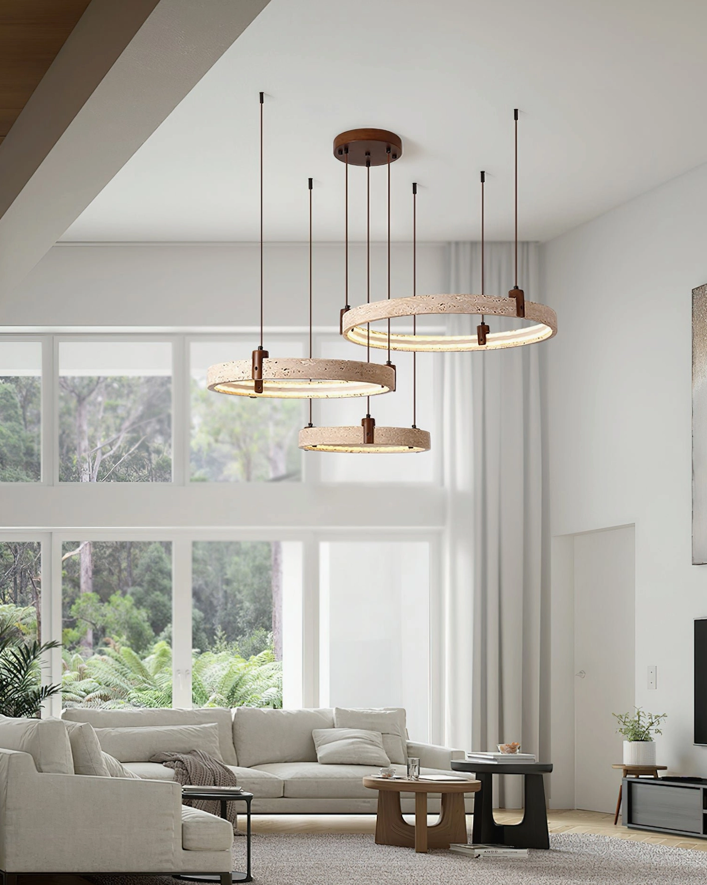 Travertine ring pendant light creating ambient glow in contemporary living space