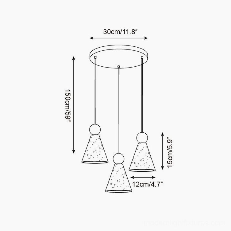 Asymmetric 4-head travertine pendant schematic with offset lower pendant arrangement