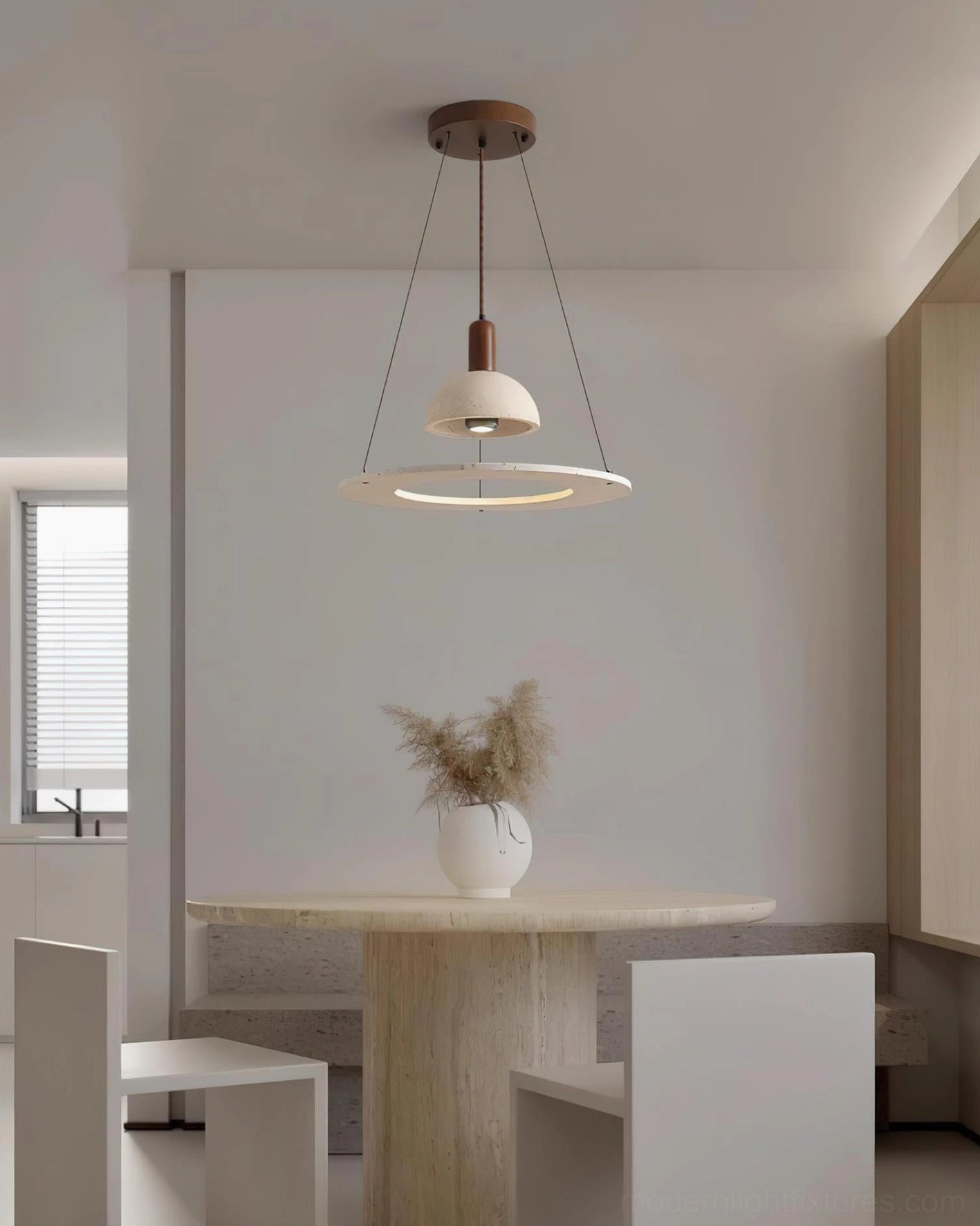 Travertine stone pendant light fixture showcasing authentic natural pores and earthy beige color