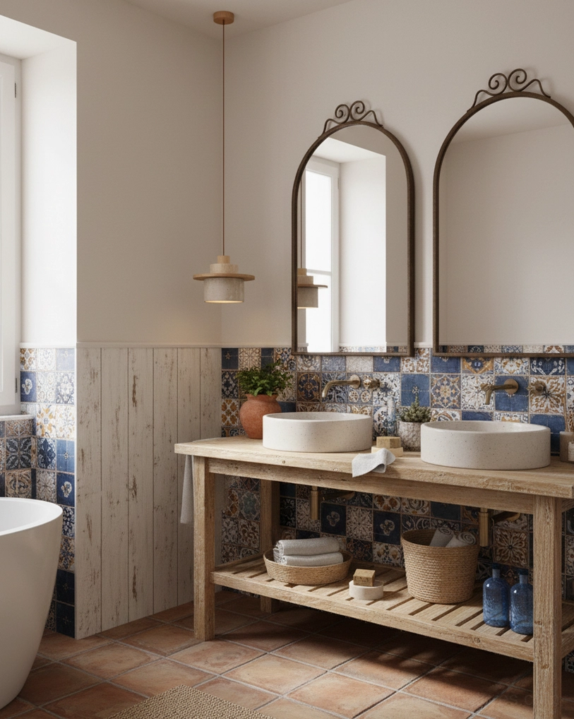 Small travertine pendant light fixture in contemporary bathroom vanity setting
