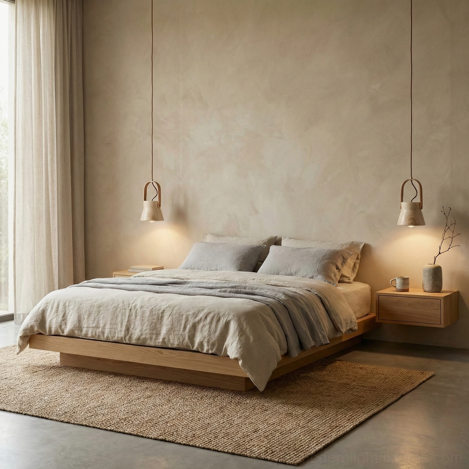 Two matching travertine pendant lights in wabi-sabi inspired bathroom with neutral warm decor