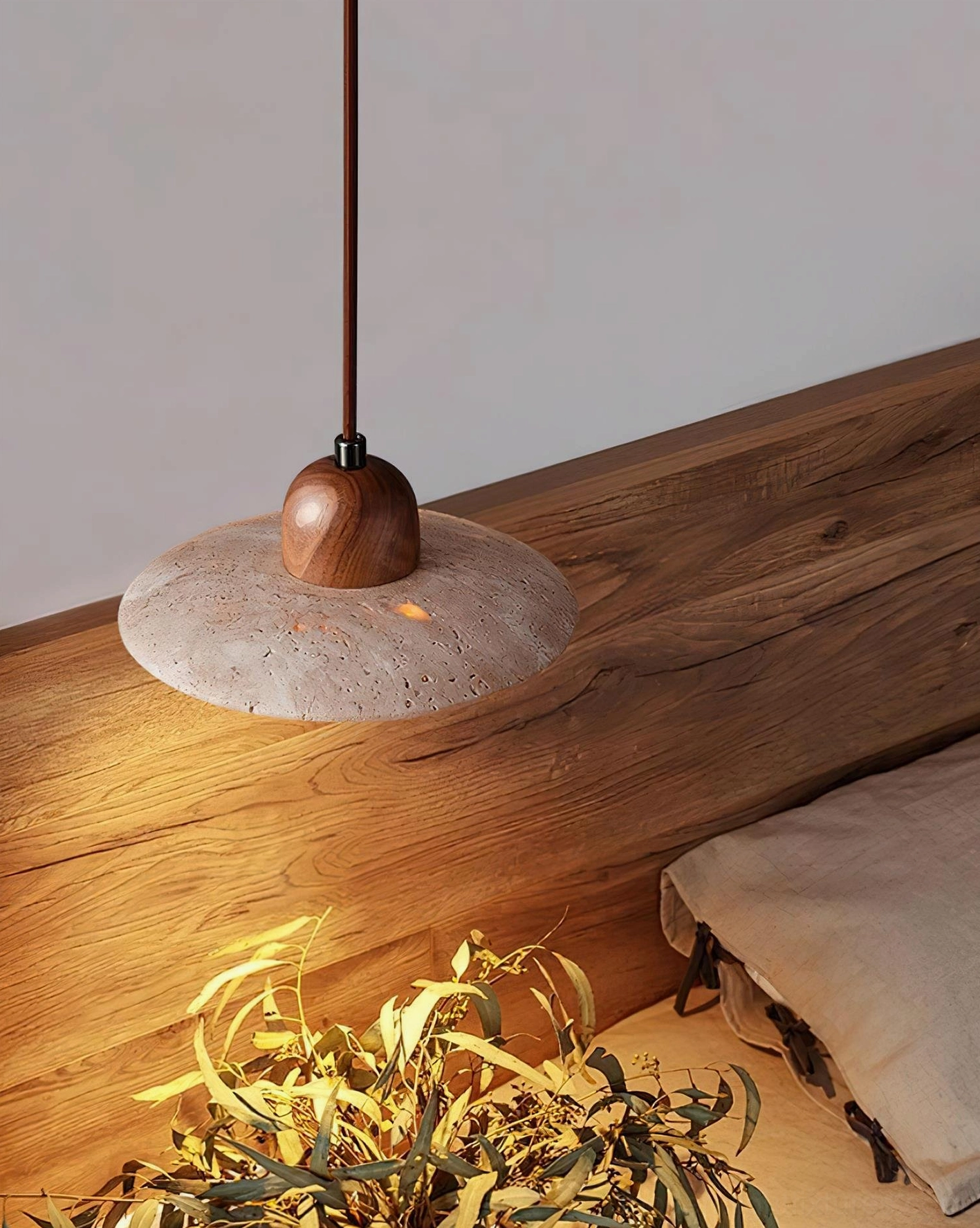 Travertine pendant light with wooden cap in bedroom bedside styling