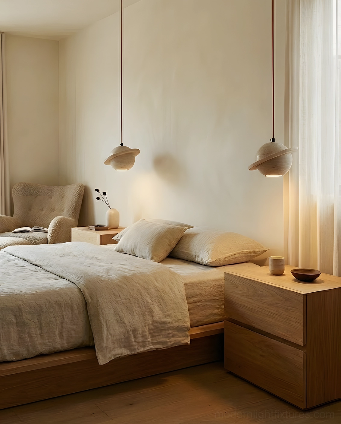 Travertine sphere pendant light in master bedroom setting, wabi-sabi interior design with warm neutral home styling