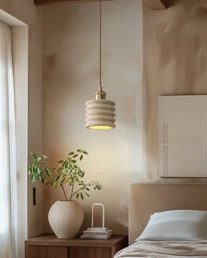 Modern travertine pendant lamp in bedroom bedside ambiance with warm lighting