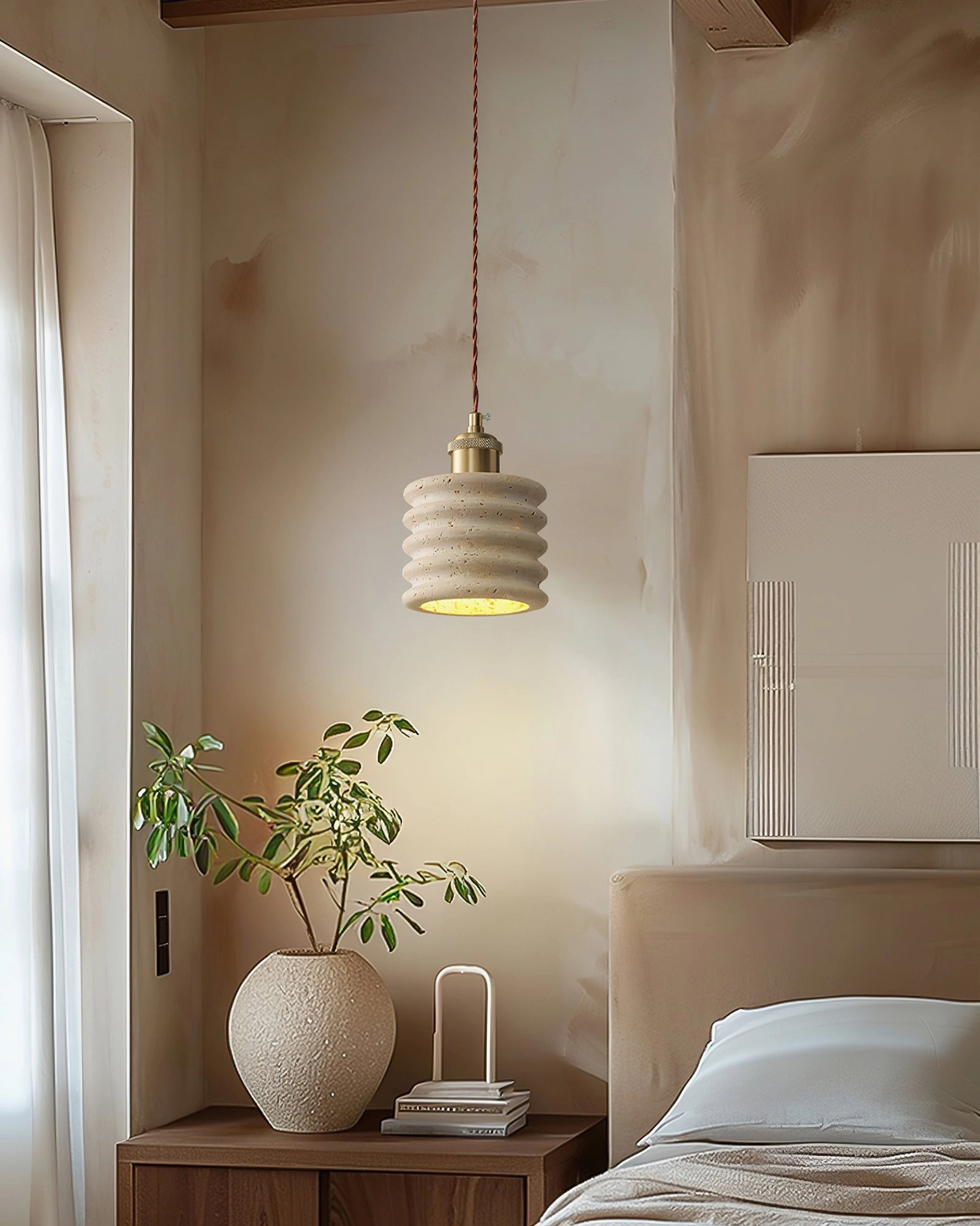Modern travertine pendant lamp in bedroom bedside ambiance with warm lighting