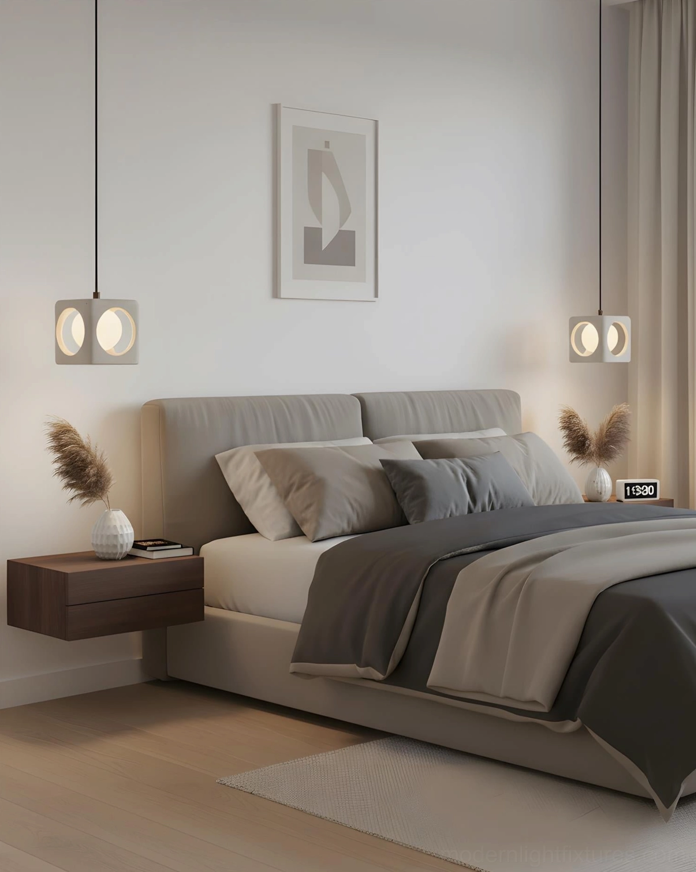 Twin Hollowa travertine pendant lights flanking bed in modern minimalist bedroom design