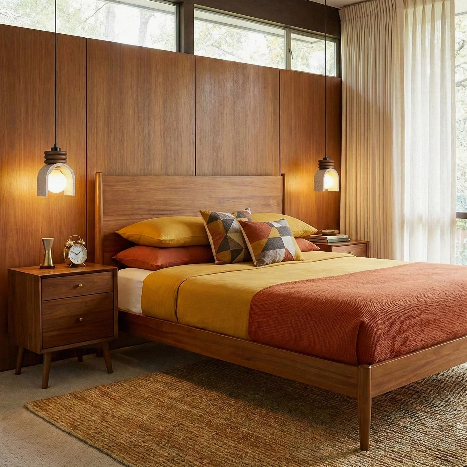 Travertine pendant lamps mounted beside mid-century modern wooden bed frame in rustic bedroom, providing soft warm accent lighting and cohesive natural wood tone decor