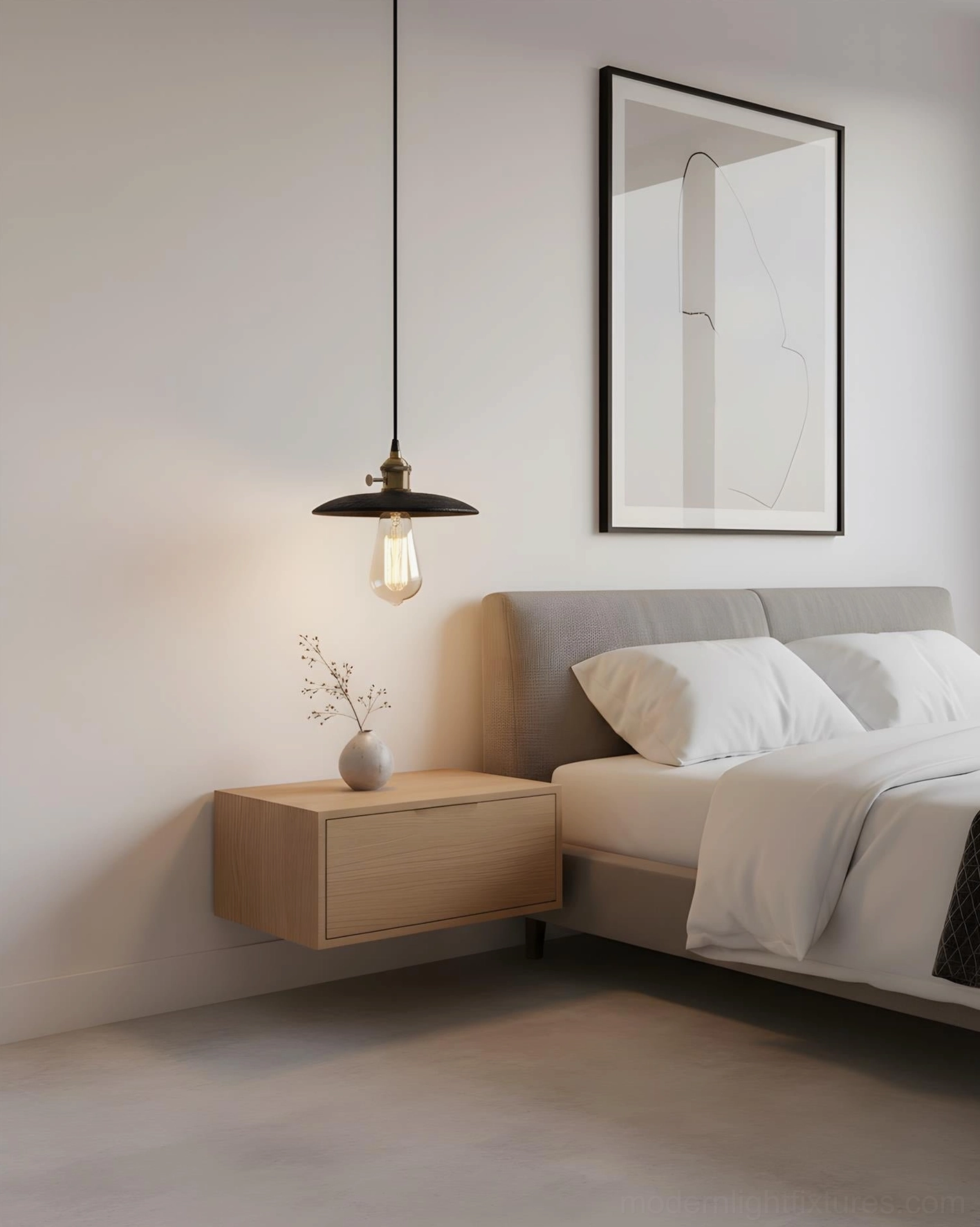 Travertine pendant light mounted as bedside fixture in modern minimalist bedroom