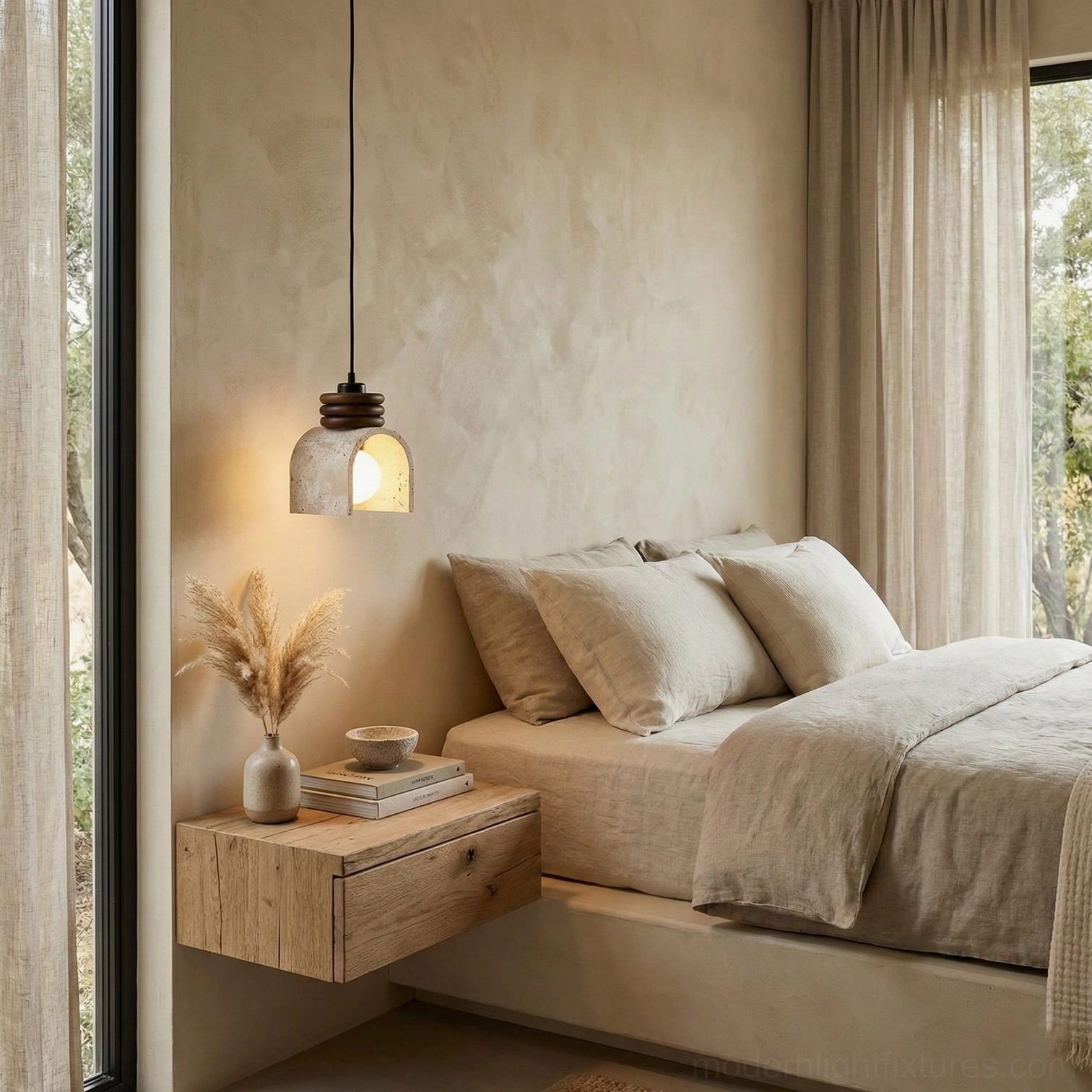 Cozy travertine pendant lamp mounted in neutral-toned modern bedroom corner beside bedside table, soft warm glowing light creating wabi-sabi minimalist atmosphere